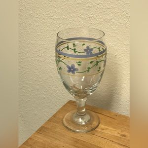 Glass Goblet w/ Blue Flower Leaf Vine 
Drink Drinking Glassware 16 oz. 
Floral